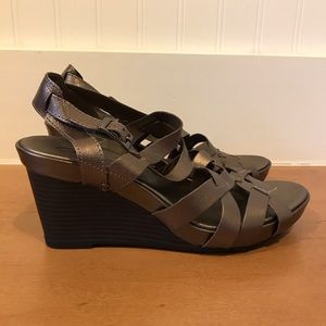 Clarks metallic look leather wedge sandals